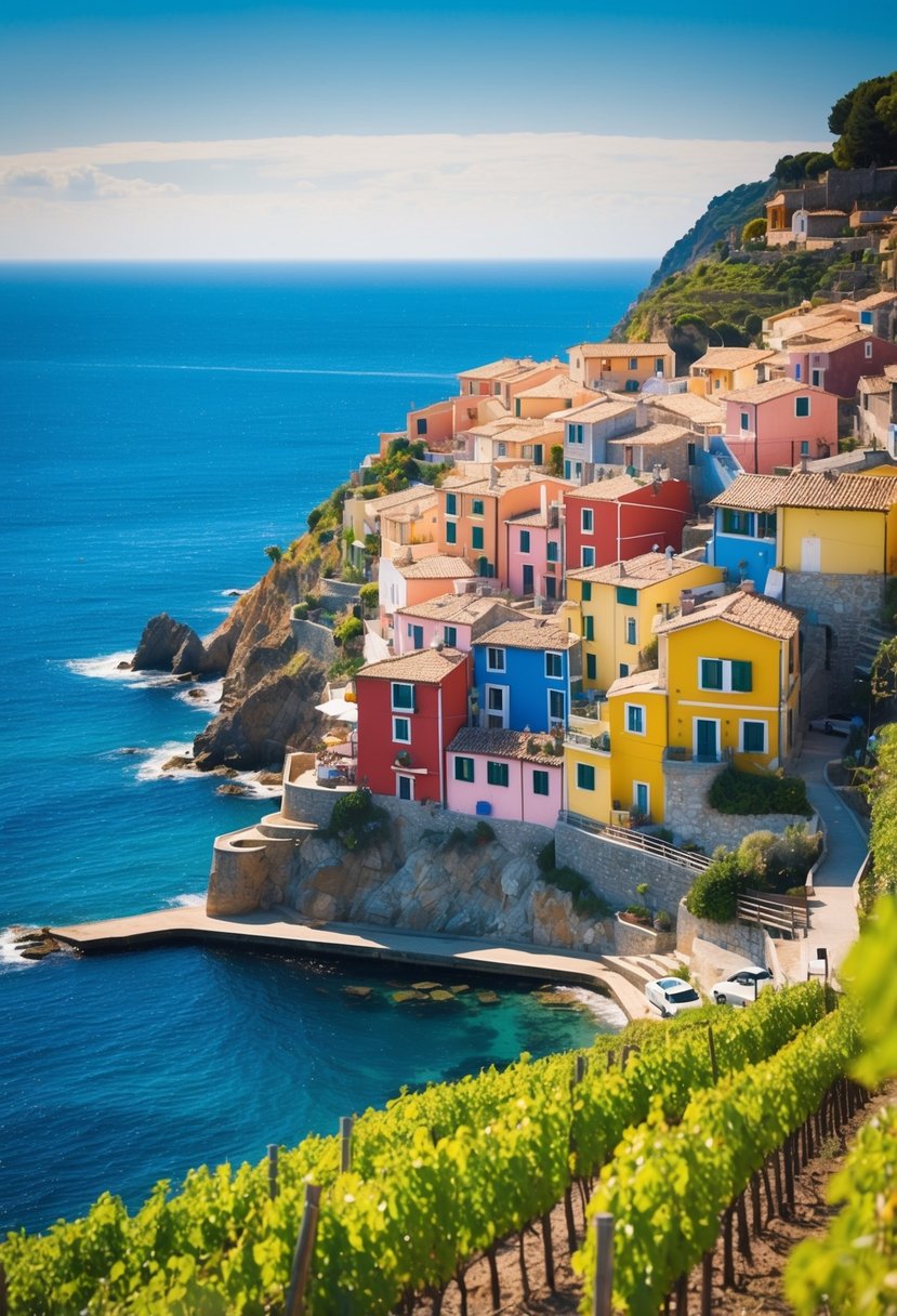 Vibrant coastal village with colorful houses perched on cliffs, overlooking the sparkling blue sea. Lush vineyards and narrow winding streets create a romantic atmosphere