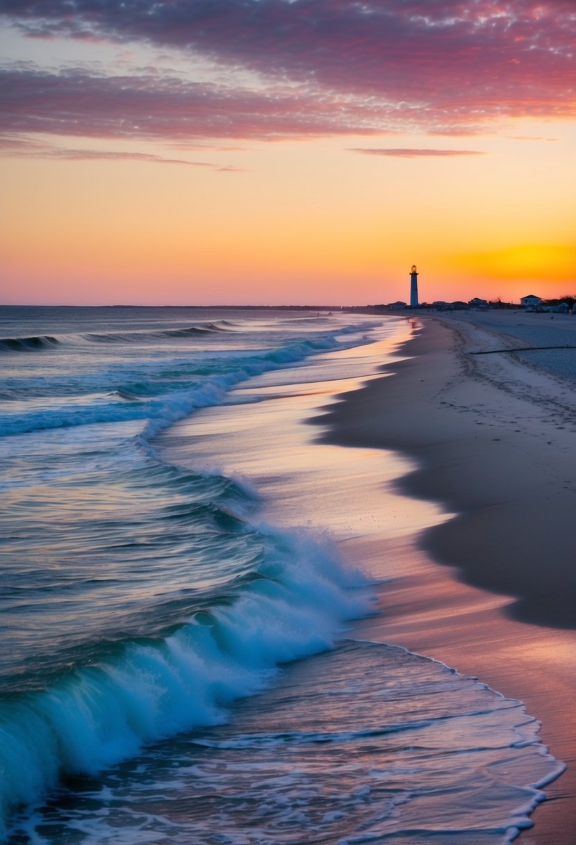 A serene beach at Rehoboth, with a colorful sunset, calm waves, and a distant lighthouse