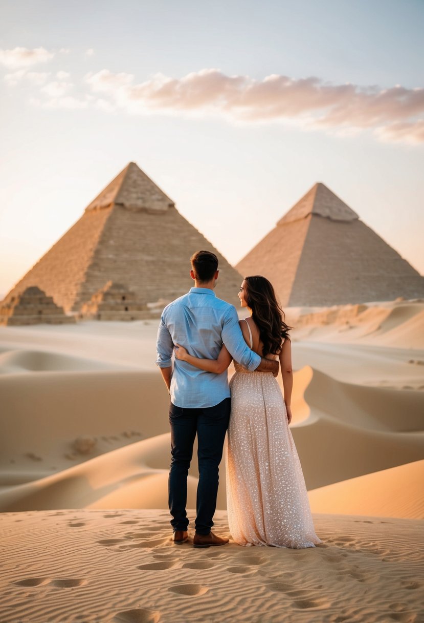 A couple overlooking the ancient pyramids at sunset, surrounded by the golden sands of the desert