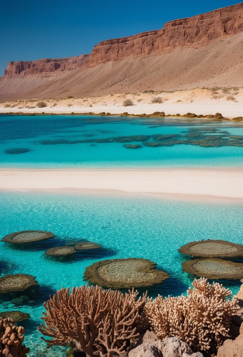A serene beach at Ras Mohammed National Park, with crystal-clear waters and vibrant coral reefs, set against a backdrop of rugged desert cliffs
