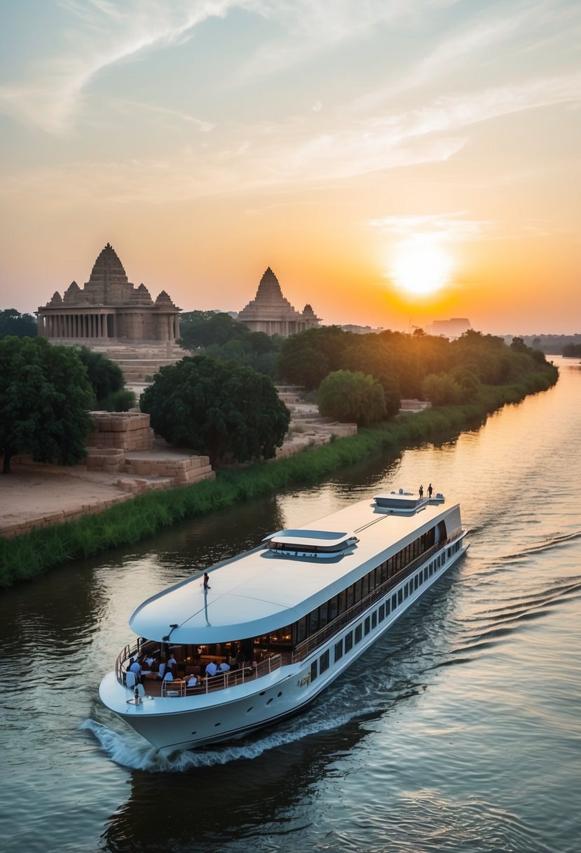 A luxurious Nile cruise glides past ancient temples and lush riverbanks, as the sun sets over the tranquil waters
