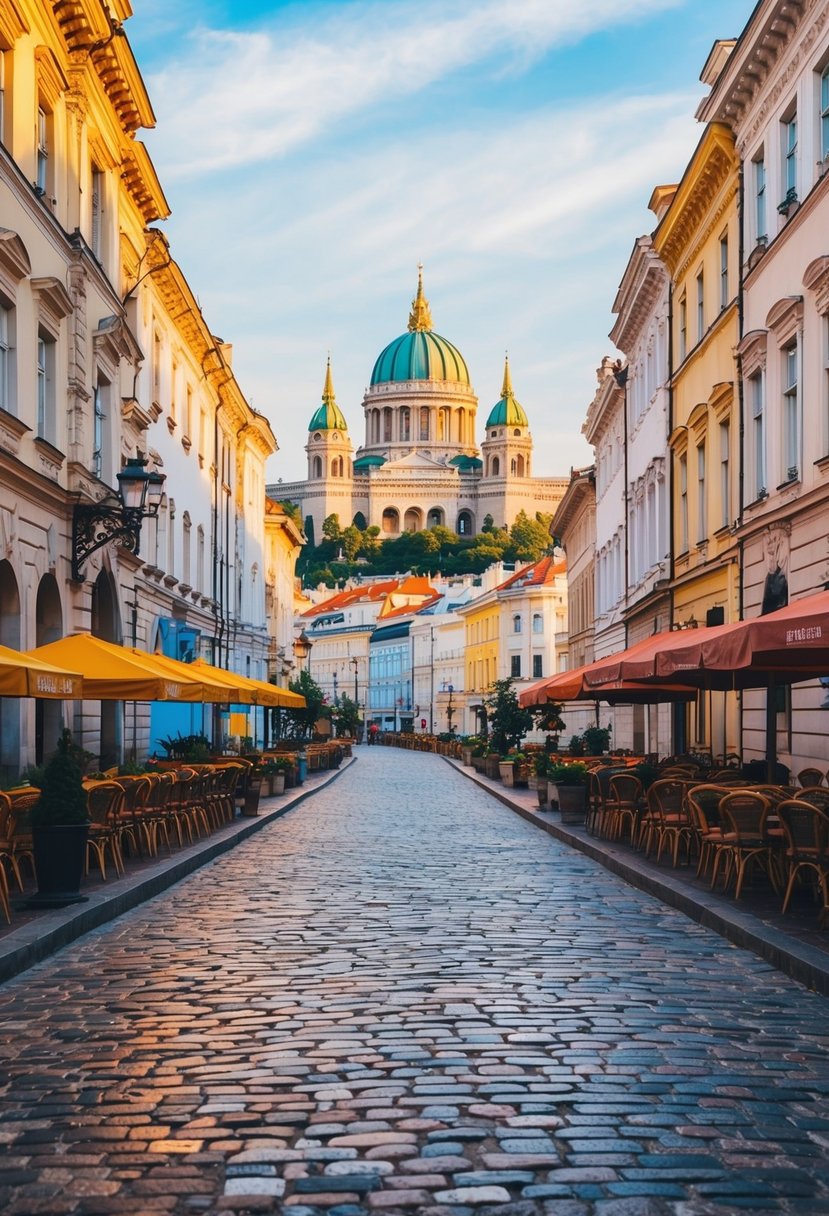 A charming cobblestone street in Budapest, lined with historic buildings and colorful cafes, overlooked by the majestic Buda Castle