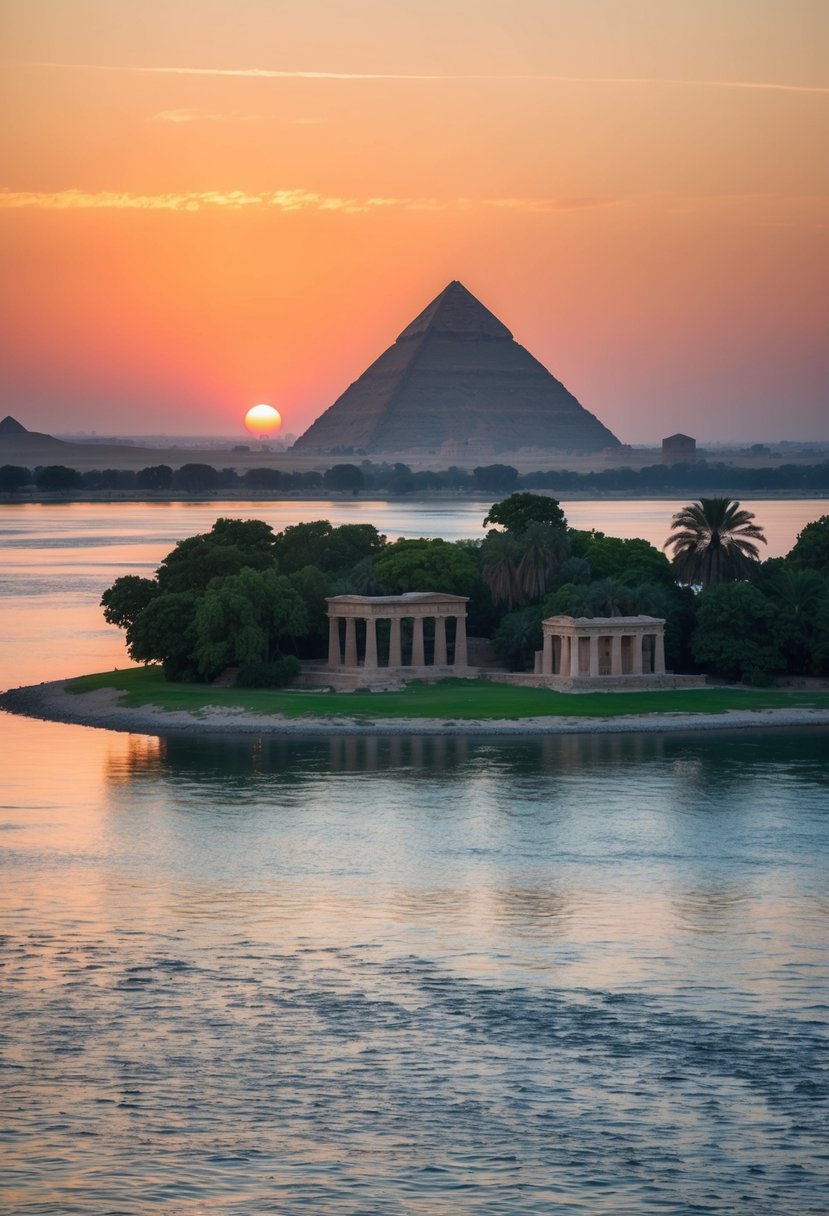 A tranquil sunset over the Nile River, with Elephantine Island's lush greenery and ancient ruins creating a romantic backdrop for a honeymoon retreat in Egypt
