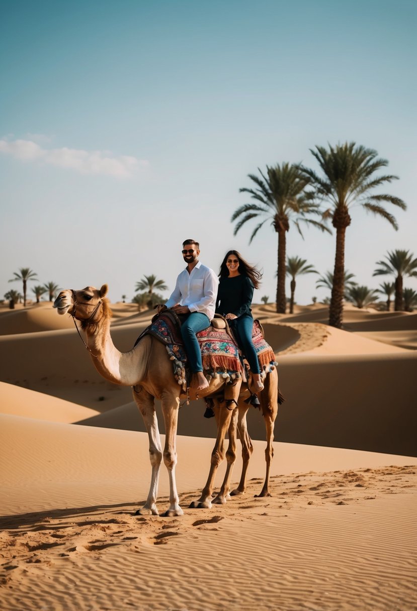 A couple rides camels through the golden dunes of Siwa Oasis, with palm trees and clear blue skies in the background