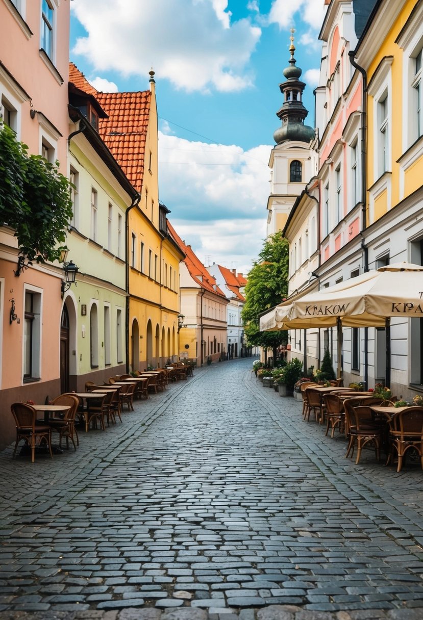 A charming cobblestone street in Kraków, Poland, lined with colorful buildings and quaint cafes, surrounded by historic architecture and lush greenery