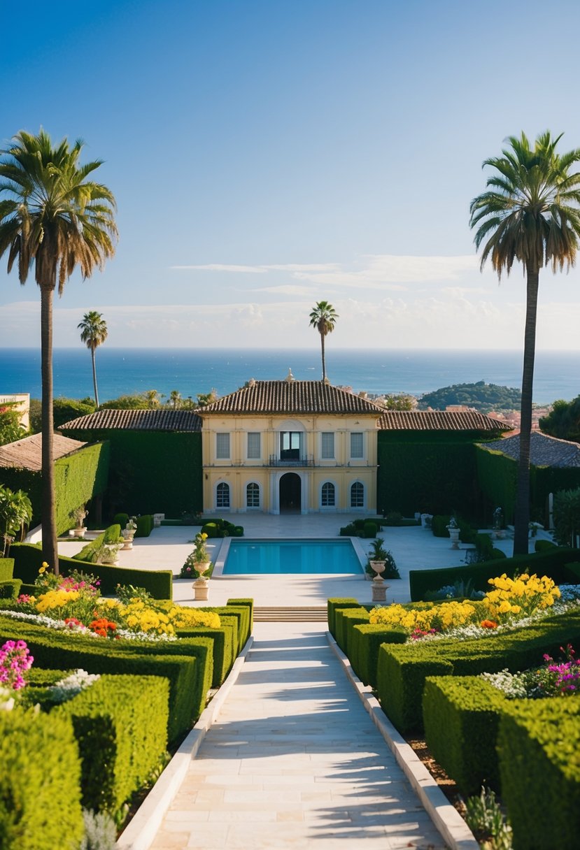 Lush gardens surround Montaza Palace, with palm trees, colorful flowers, and a view of the Mediterranean Sea