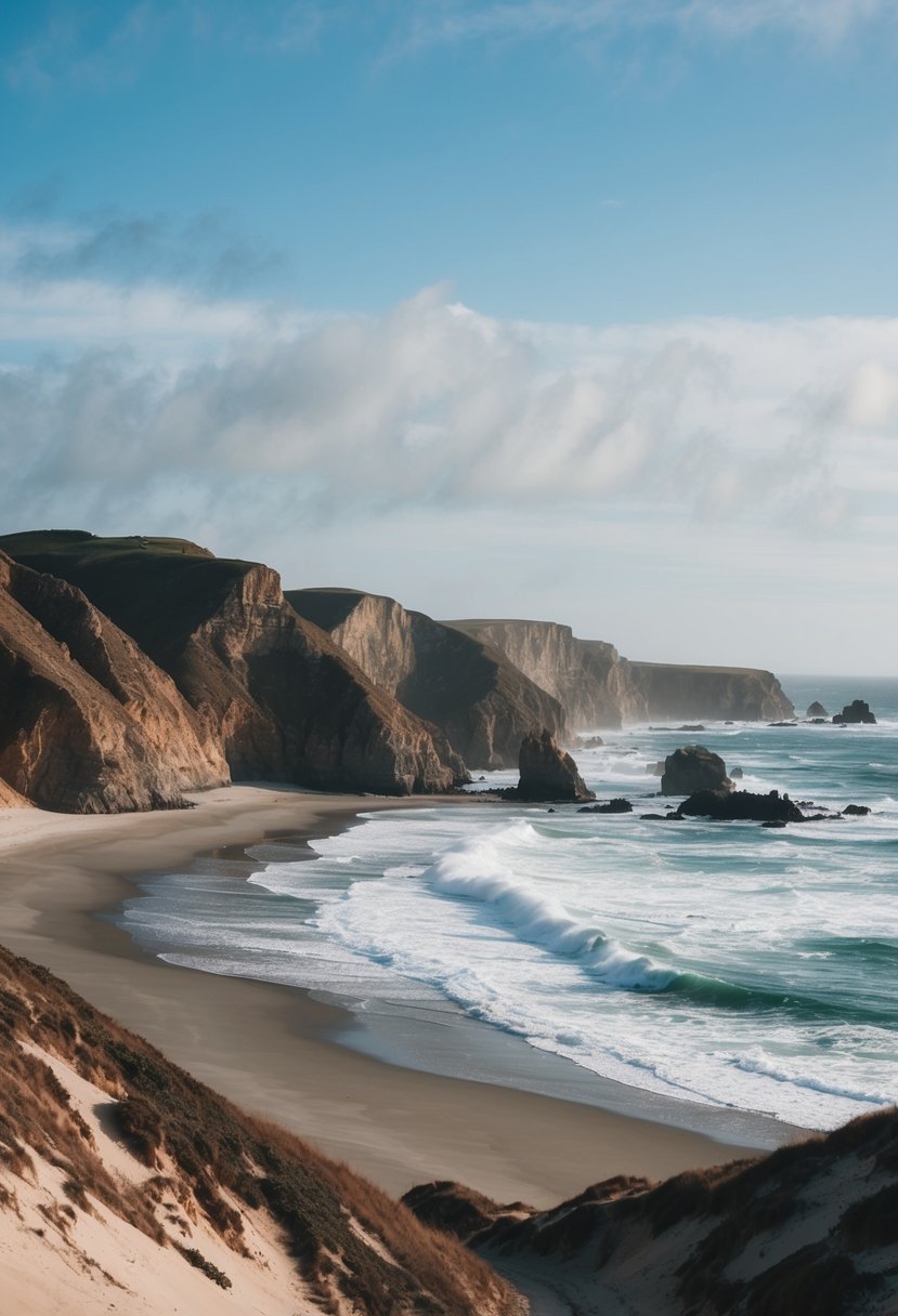 A secluded beach with rugged cliffs, crashing waves, and a cozy cottage nestled among the dunes