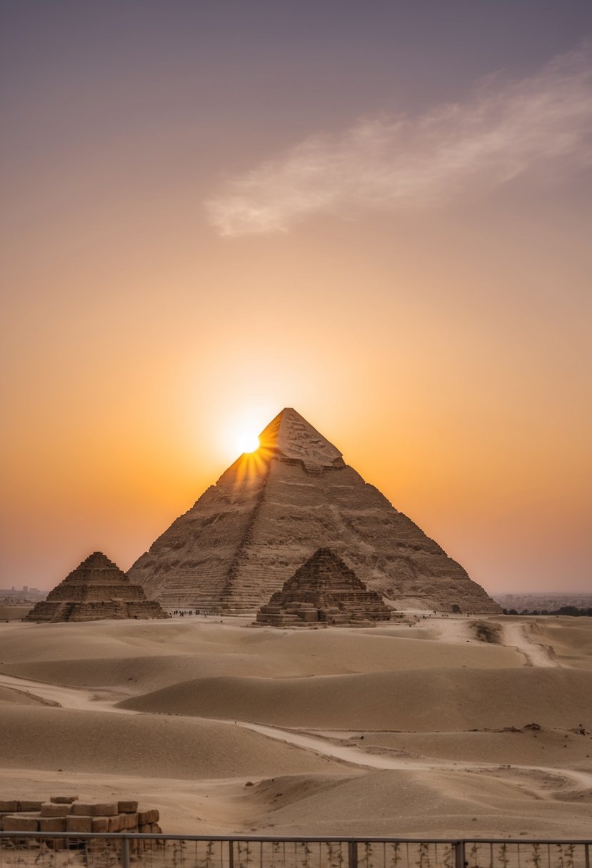 The sun rises behind the Great Pyramid of Giza, casting a warm glow over the ancient structure and the surrounding desert landscape