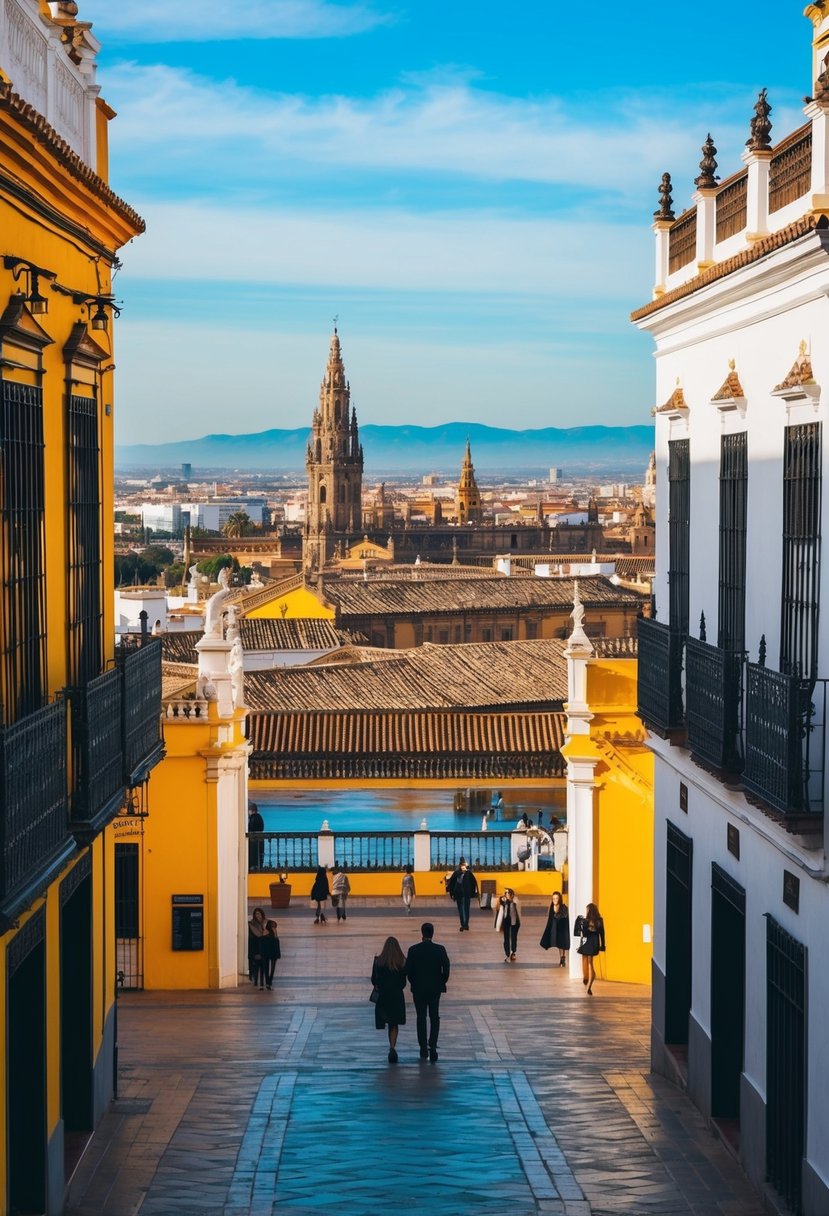 A scenic view of Seville's historic architecture and colorful streets, with a backdrop of the Guadalquivir River and the iconic Plaza de España
