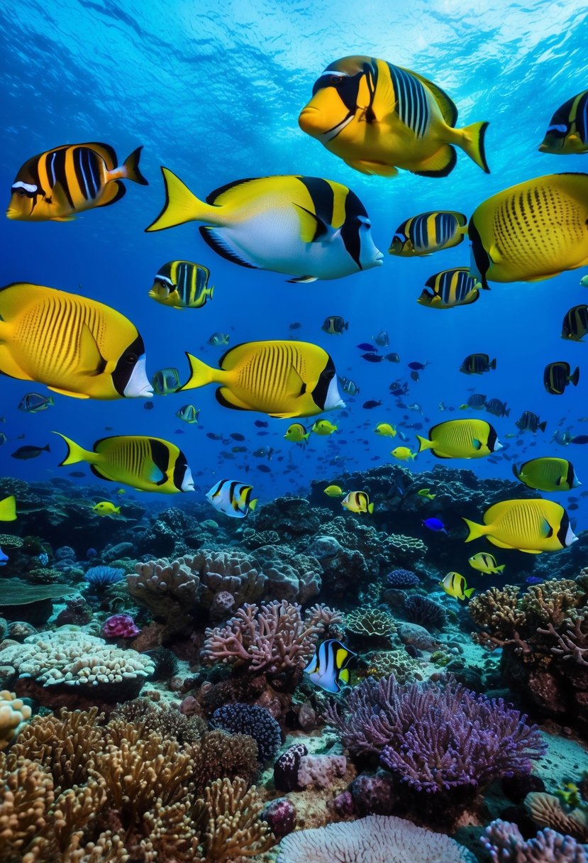 A vibrant underwater scene with colorful coral reefs and diverse marine life in the Red Sea off the coast of Hurghada, Egypt