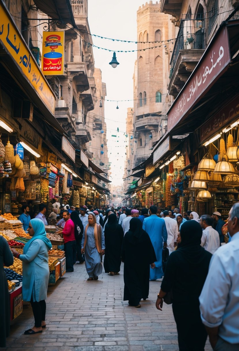 Busy market street in Cairo's historic bazaar, with colorful shops and bustling crowds