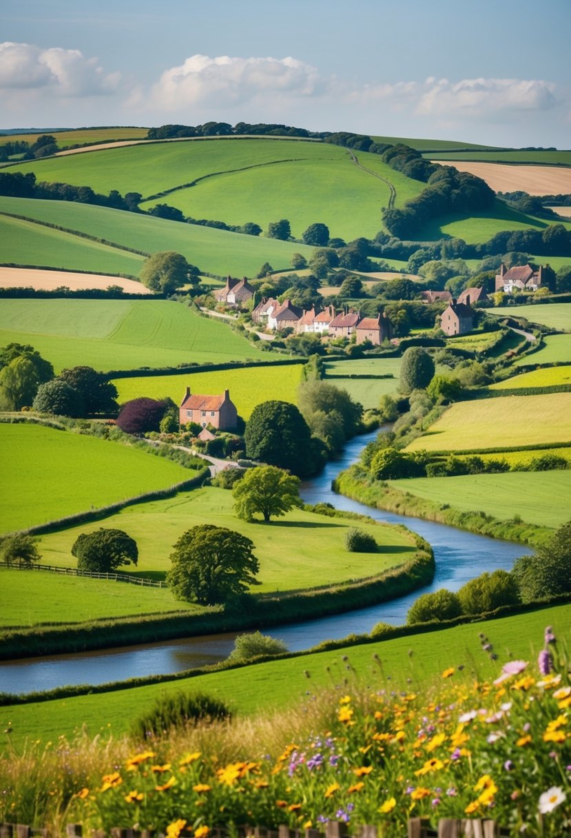 Rolling hills, lush green fields, and quaint cottages dot the picturesque Suffolk countryside. A winding river meanders through the landscape, while colorful wildflowers bloom in the meadows