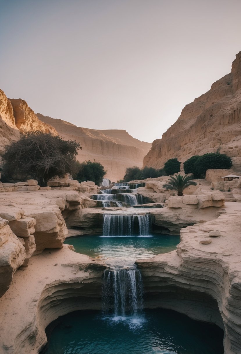 A tranquil oasis with cascading waterfalls nestled within the rugged beauty of Fayoum's Wadi El Rayan, a perfect honeymoon destination in Egypt