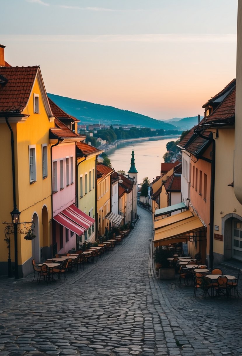 A charming cobblestone street in Bratislava, lined with colorful buildings and cozy cafes, overlooks the Danube River at sunset