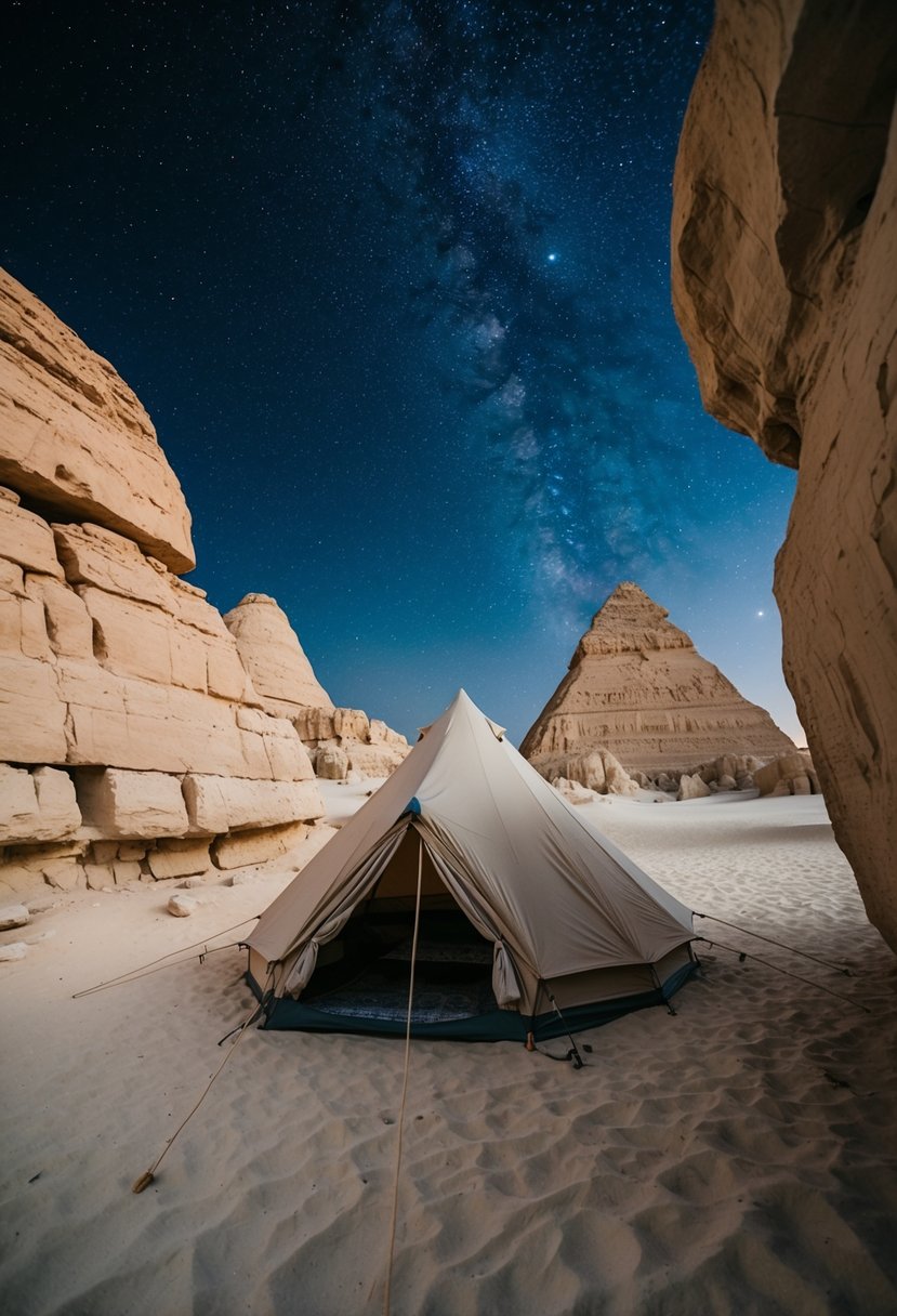 A couple's tent nestled among chalk rock formations under a starry sky in Egypt's White Desert