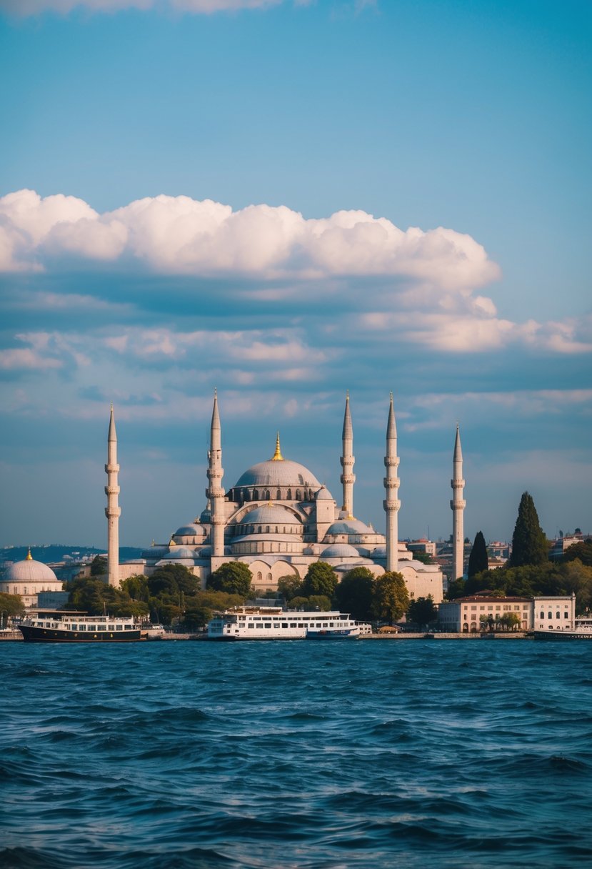 A scenic view of Istanbul's iconic skyline, with the majestic domes and minarets of its historic mosques set against the backdrop of the Bosphorus strait