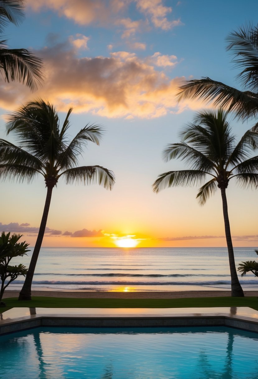 A luxurious beachfront resort in Maui, Hawaii with crystal-clear waters, palm trees, and a stunning sunset