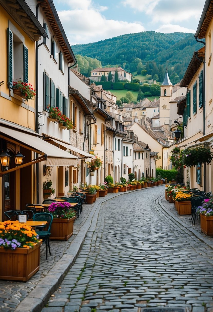A charming cobblestone street lined with quaint cafes and colorful flower boxes, leading to a picturesque European village nestled in rolling hills