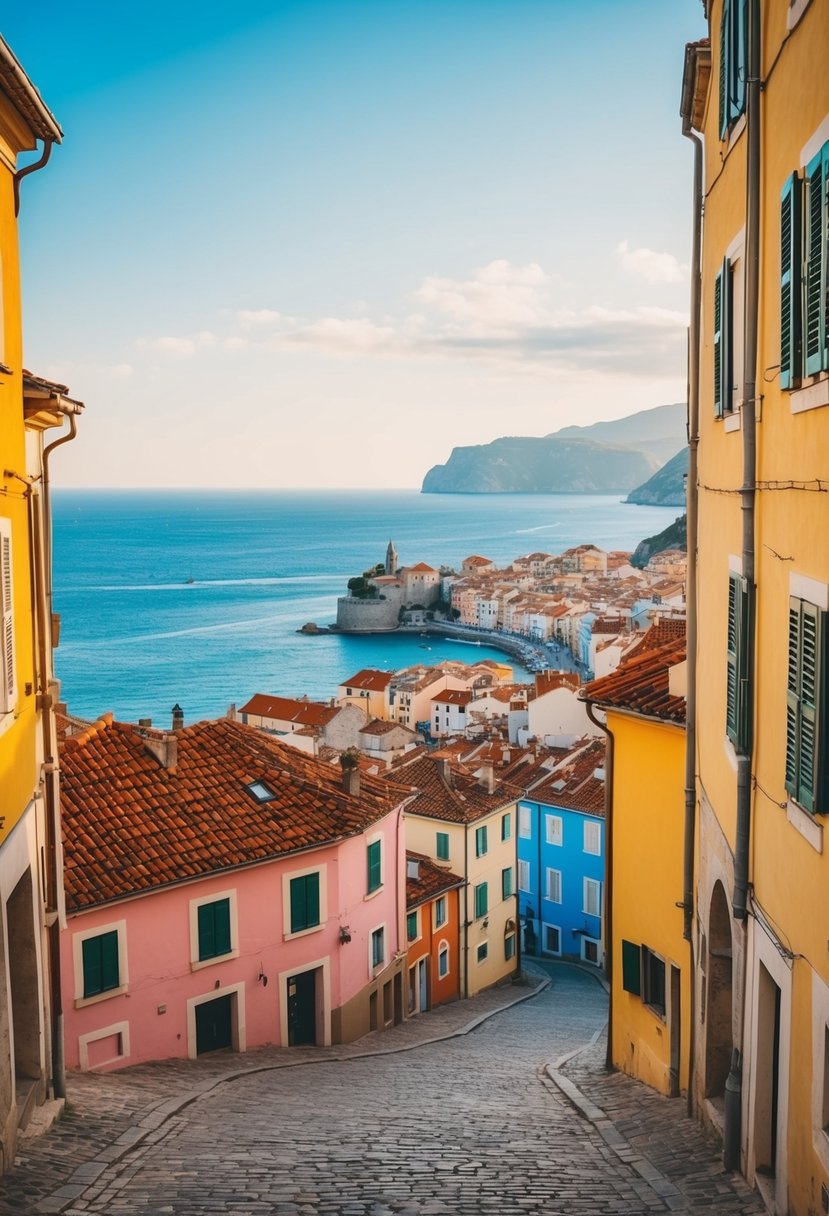 A picturesque coastal town in Europe, with cobblestone streets, colorful buildings, and a stunning view of the ocean