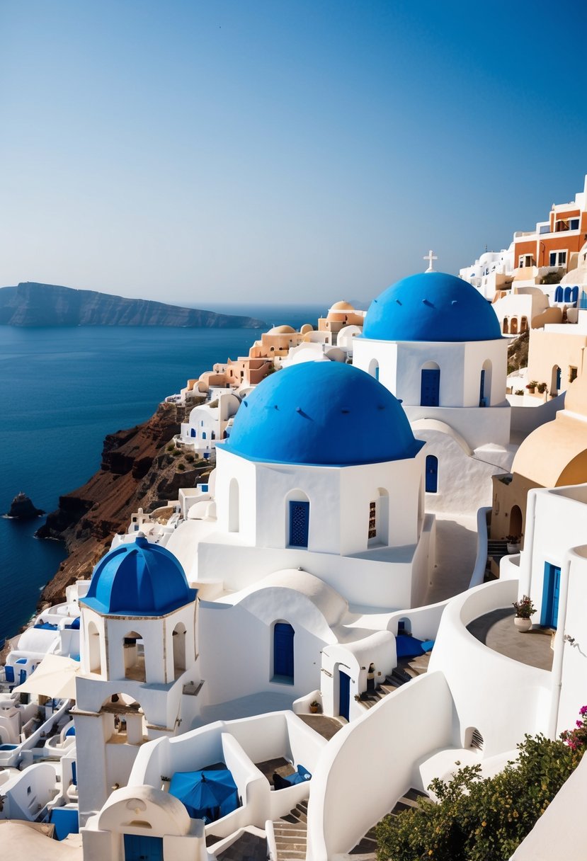 The iconic blue-domed churches of Santorini, overlooking the sparkling Aegean Sea and whitewashed buildings cascading down the cliffs