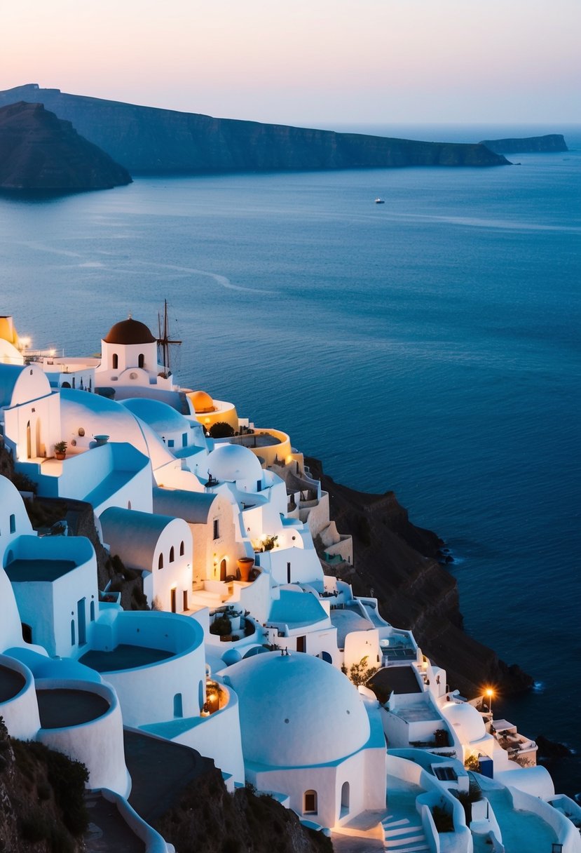 The iconic white buildings of Santorini nestled on the volcanic cliffs overlooking the deep blue waters of the Aegean Sea