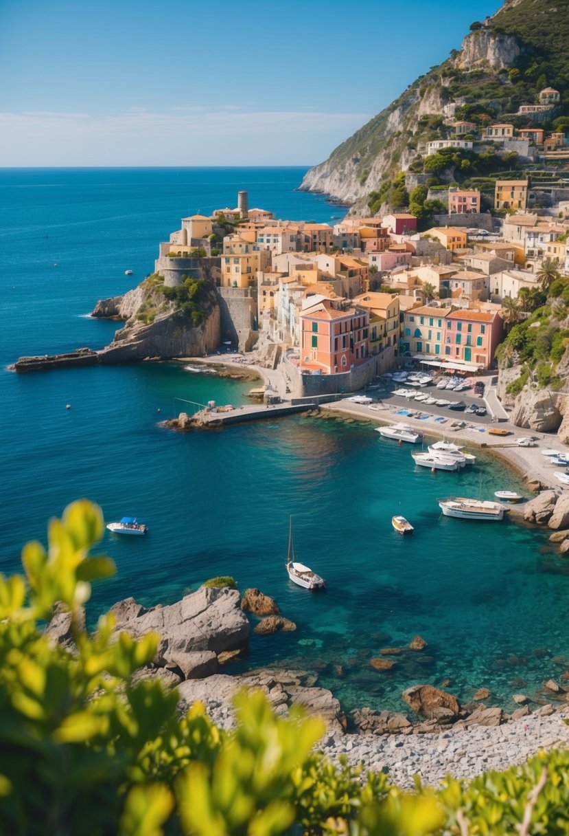 A picturesque coastal town with colorful buildings nestled between the cliffs and the sparkling blue sea. Rocky shoreline with boats and lush greenery
