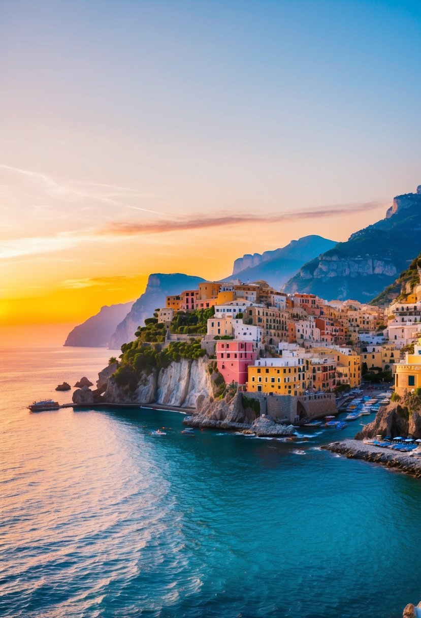 A sunset over the Amalfi Coast, with colorful cliffside villages and turquoise waters