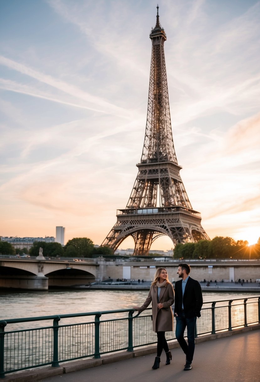 A romantic view of the Eiffel Tower at sunset, with a couple strolling along the Seine River and the city skyline in the background