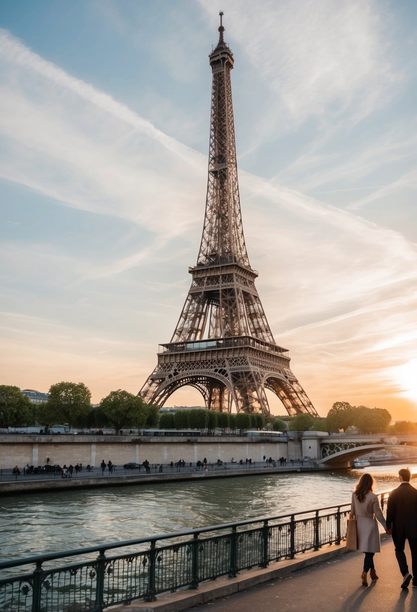 A romantic view of the Eiffel Tower at sunset, with a couple strolling along the Seine River