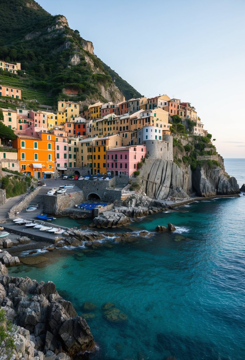 Colorful buildings lining the rugged coastline of Cinque Terre, with crystal-clear waters and lush greenery