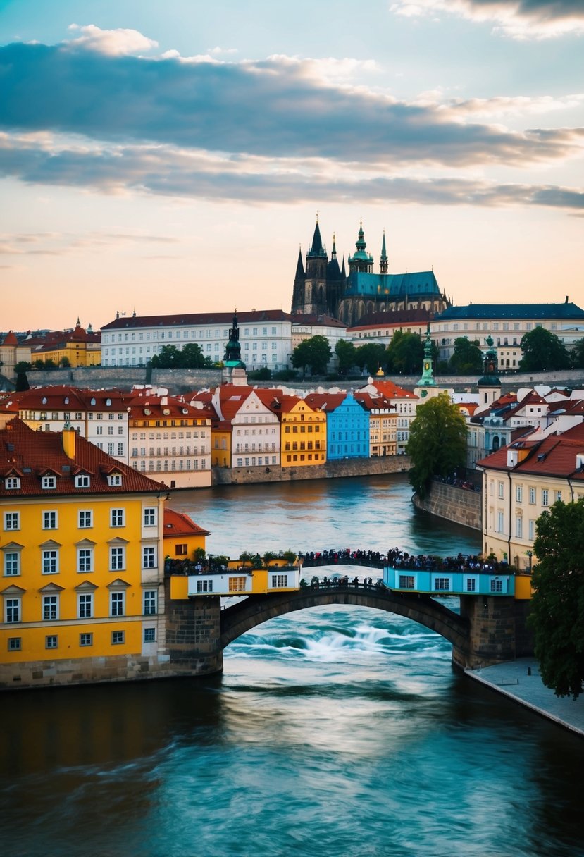A charming view of Prague's iconic Charles Bridge with colorful buildings lining the Vltava River, and the stunning Prague Castle in the background