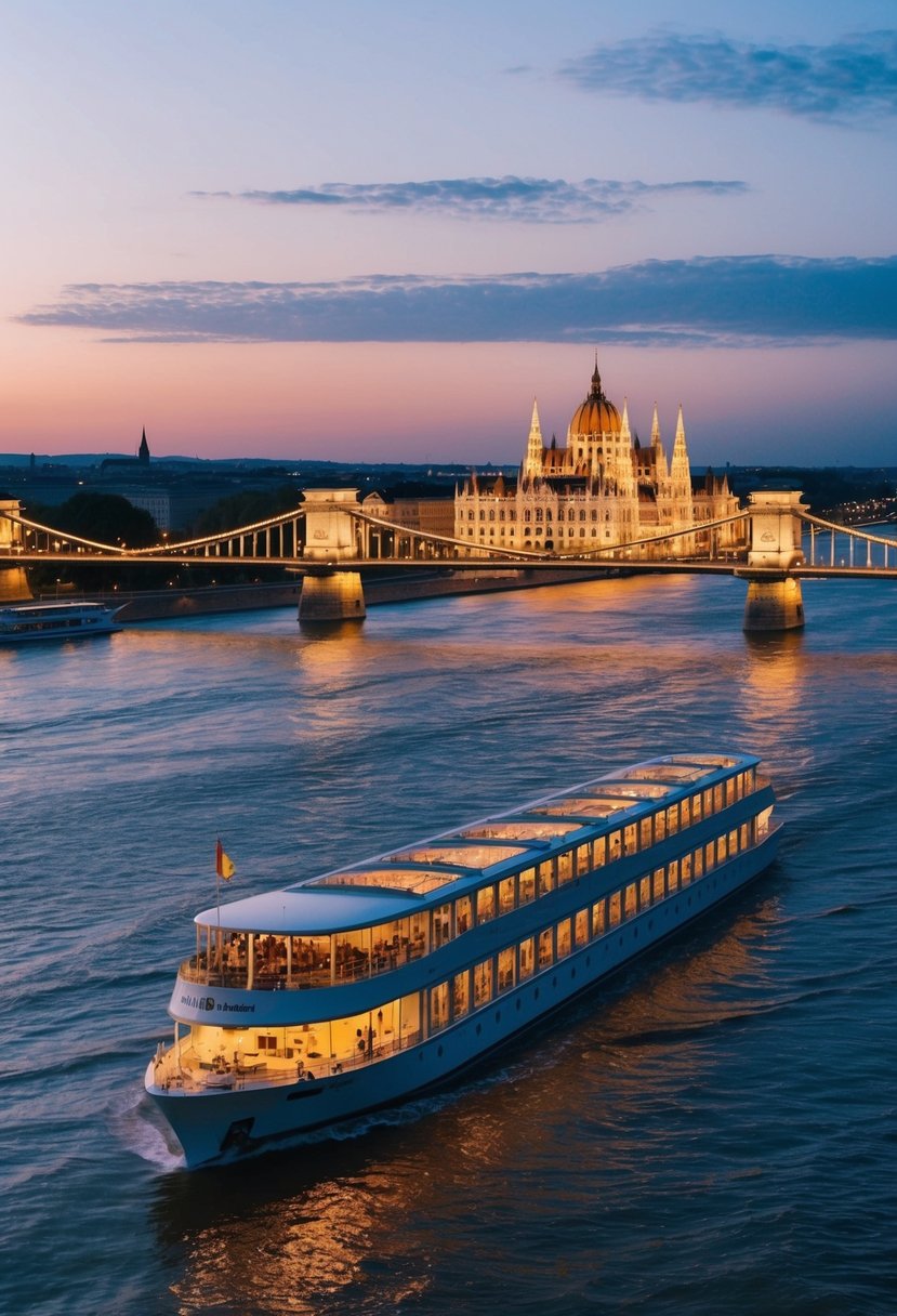 A romantic evening cruise along the Danube River, with the illuminated Chain Bridge and Parliament building in the background