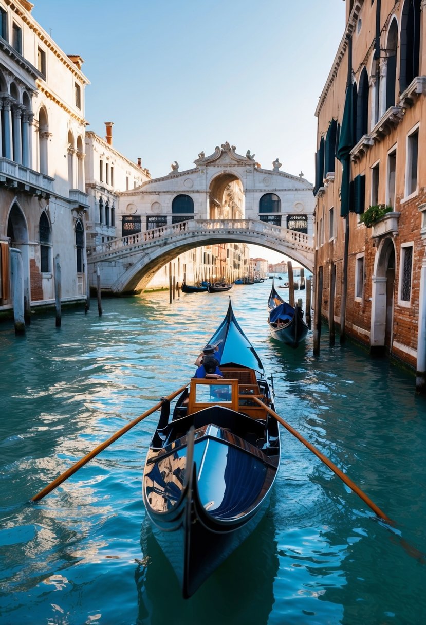 A gondola glides through the narrow canals of Venice, passing by historic buildings and charming bridges on a sunny afternoon