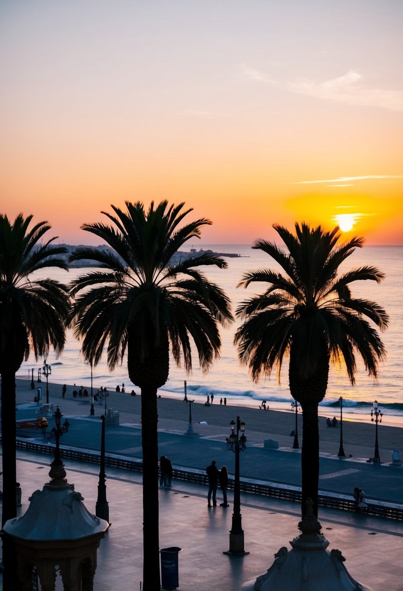 A sunset view of Barcelona's iconic architecture and palm trees along the beachfront, with a couple's silhouette in the distance