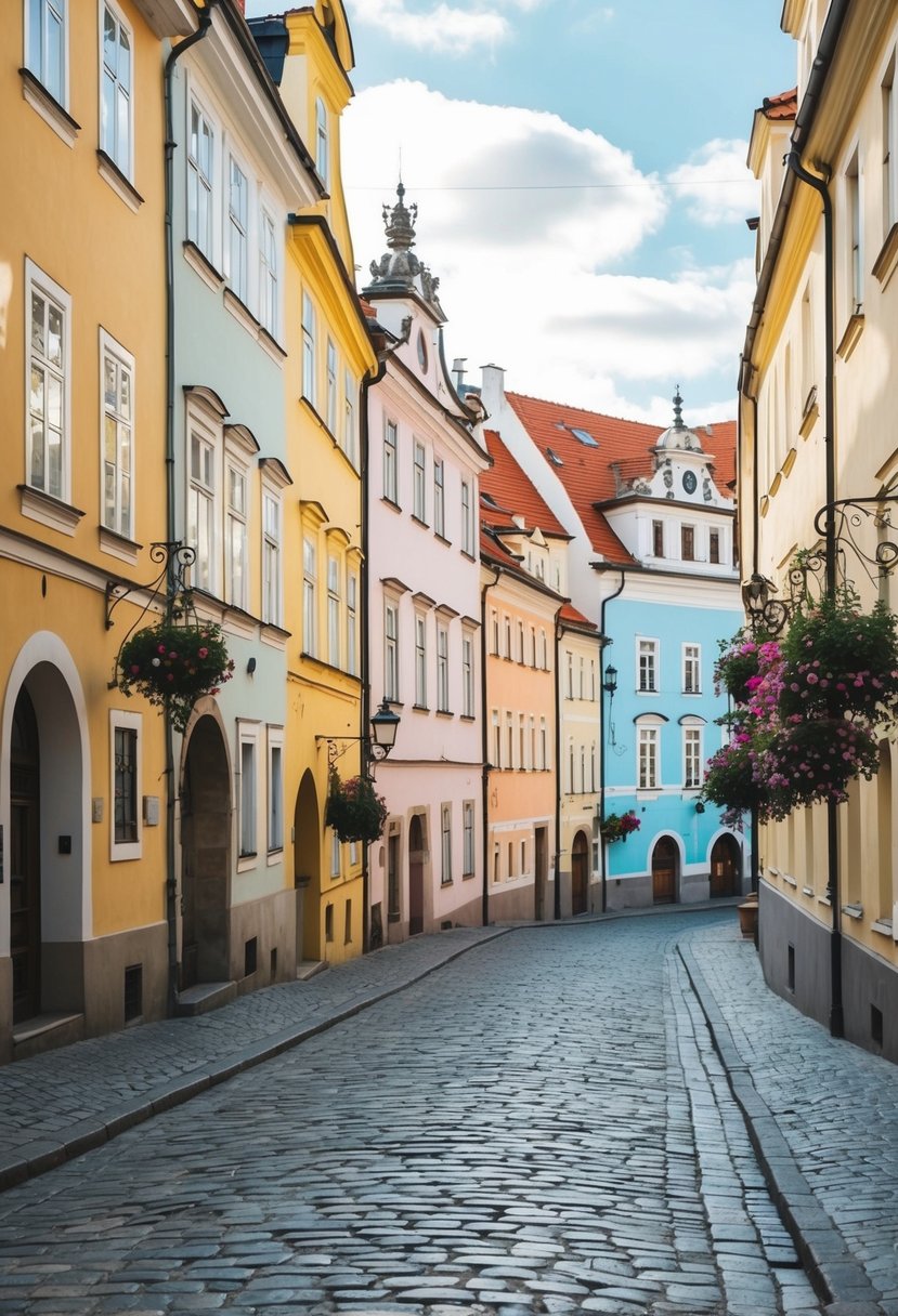 A charming cobblestone street in Prague, lined with colorful historic buildings and adorned with hanging flower baskets