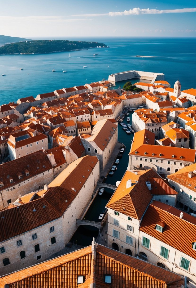 A panoramic view of Dubrovnik's old town with terracotta rooftops, ancient city walls, and the sparkling Adriatic Sea in the background