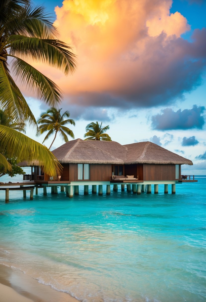 A luxurious overwater bungalow in Tahiti, with crystal-clear turquoise waters, palm trees, and a colorful sunset sky