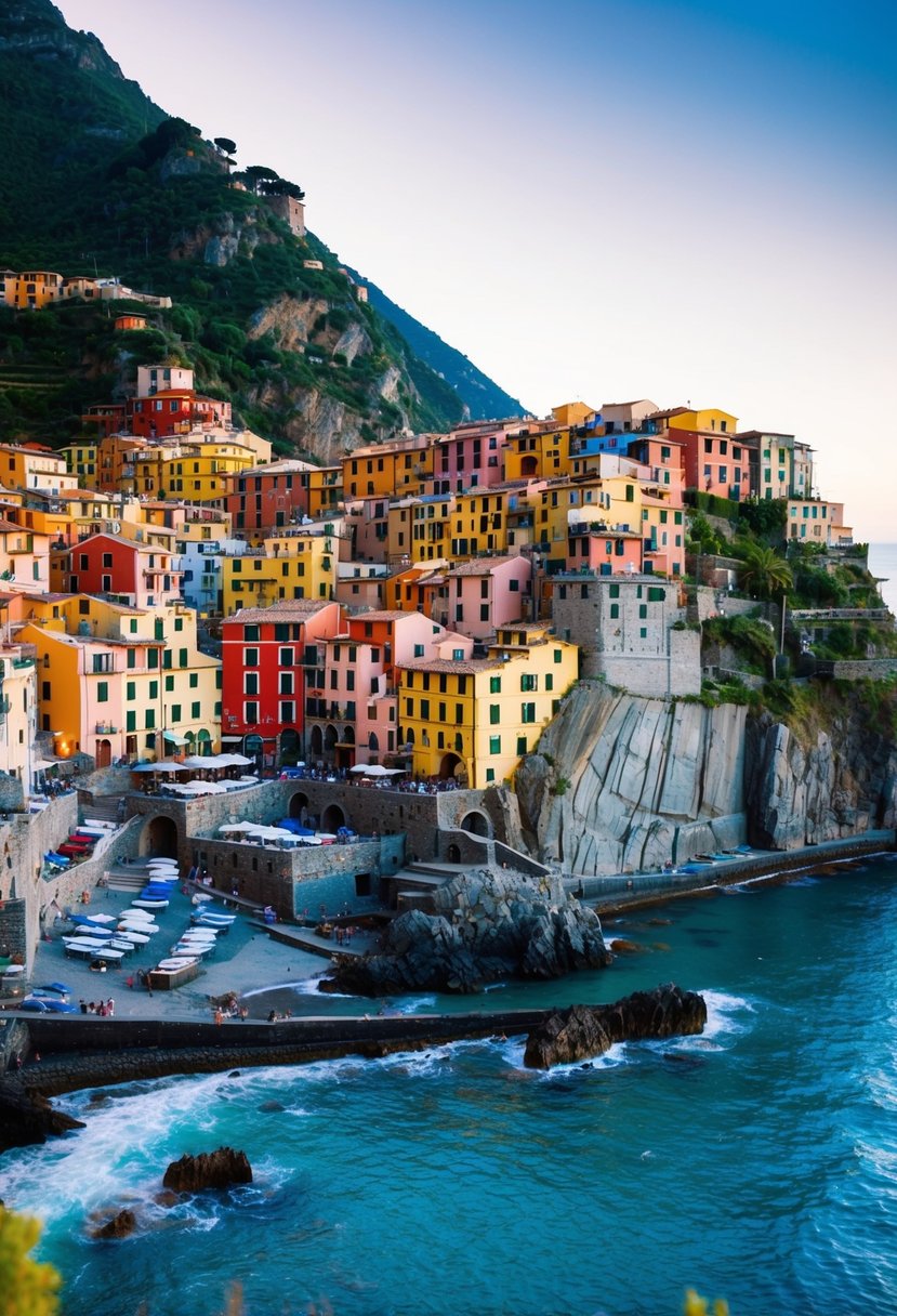 A colorful coastal village in Cinque Terre, Italy, with charming houses perched on cliffs overlooking the Mediterranean Sea
