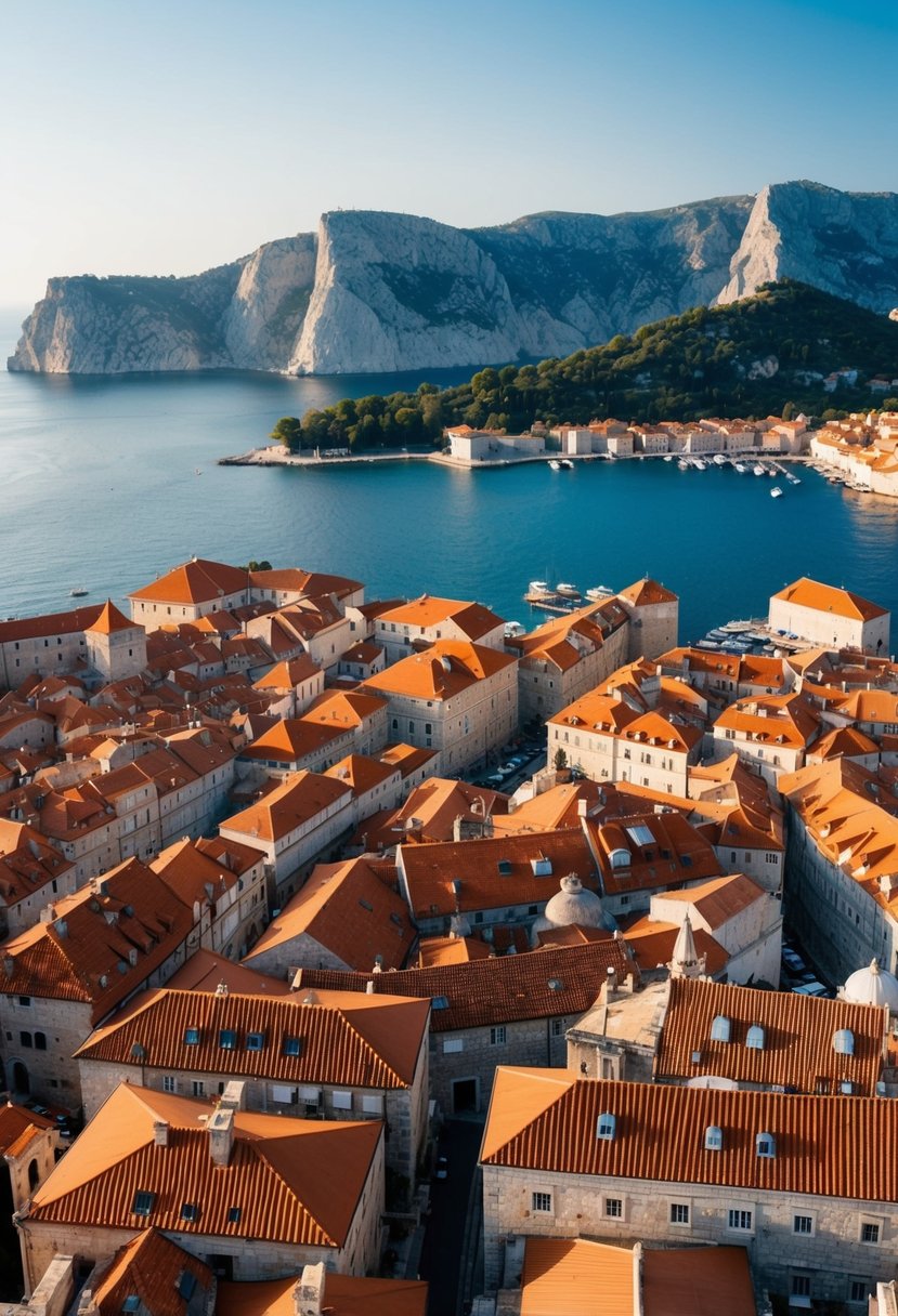 A panoramic view of Dubrovnik's old town with its terracotta rooftops nestled between the Adriatic Sea and the rugged Dinaric Alps