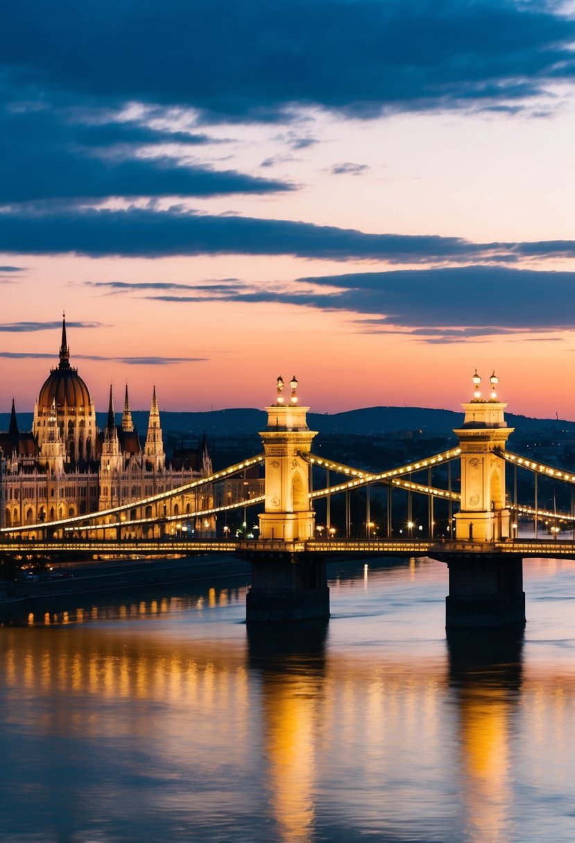 A romantic evening in Budapest, with the illuminated Chain Bridge and Parliament building reflecting in the Danube River