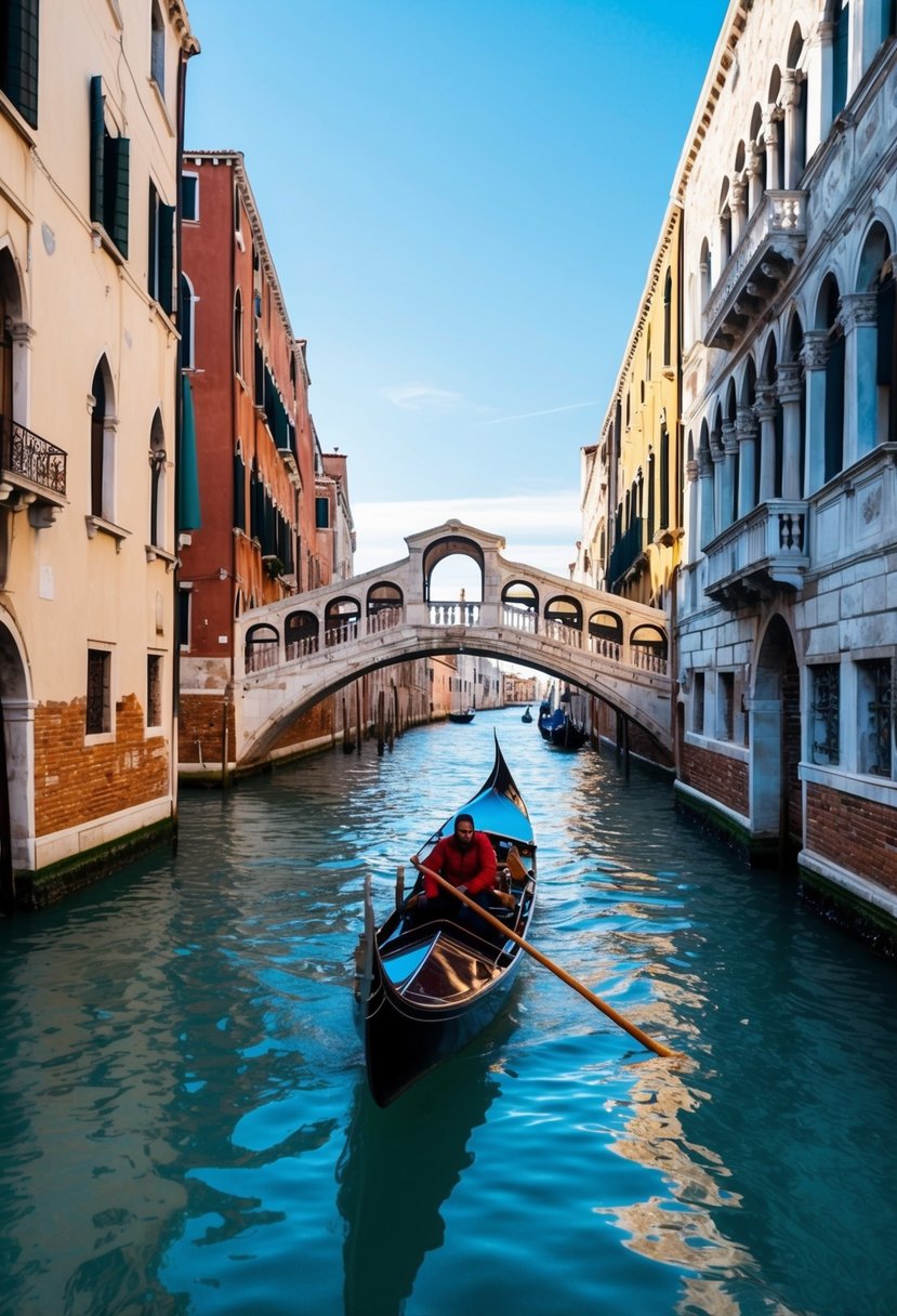 A gondola glides through the narrow canals of Venice, passing by colorful buildings and ancient bridges under a clear blue sky