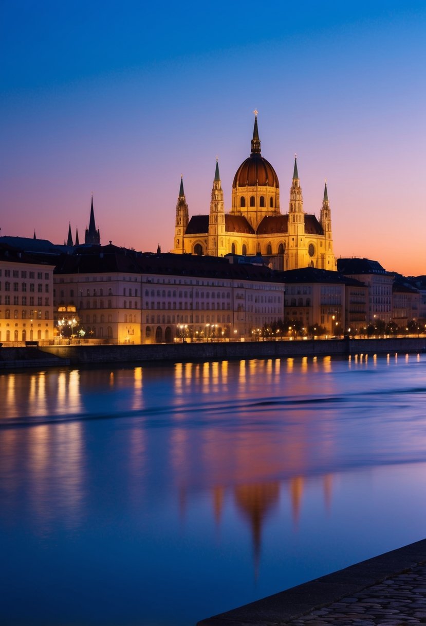 A romantic evening in Vienna, with the iconic St. Stephen's Cathedral illuminated against the night sky, reflecting in the calm waters of the Danube River