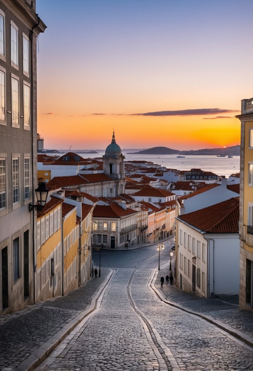 A picturesque sunset over Lisbon's historic architecture and winding cobblestone streets, with the Tagus River shimmering in the distance