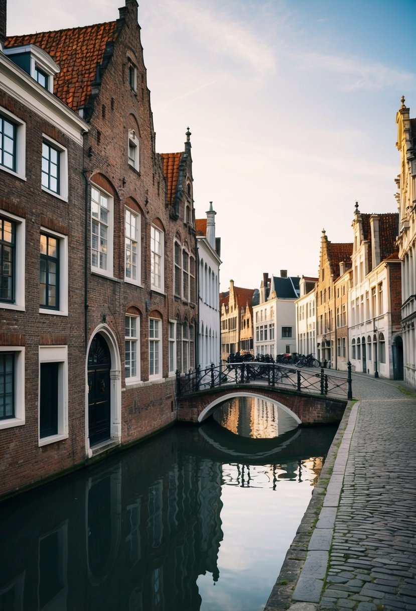 A serene canal lined with historic buildings, cobblestone streets, and charming bridges in Bruges, Belgium