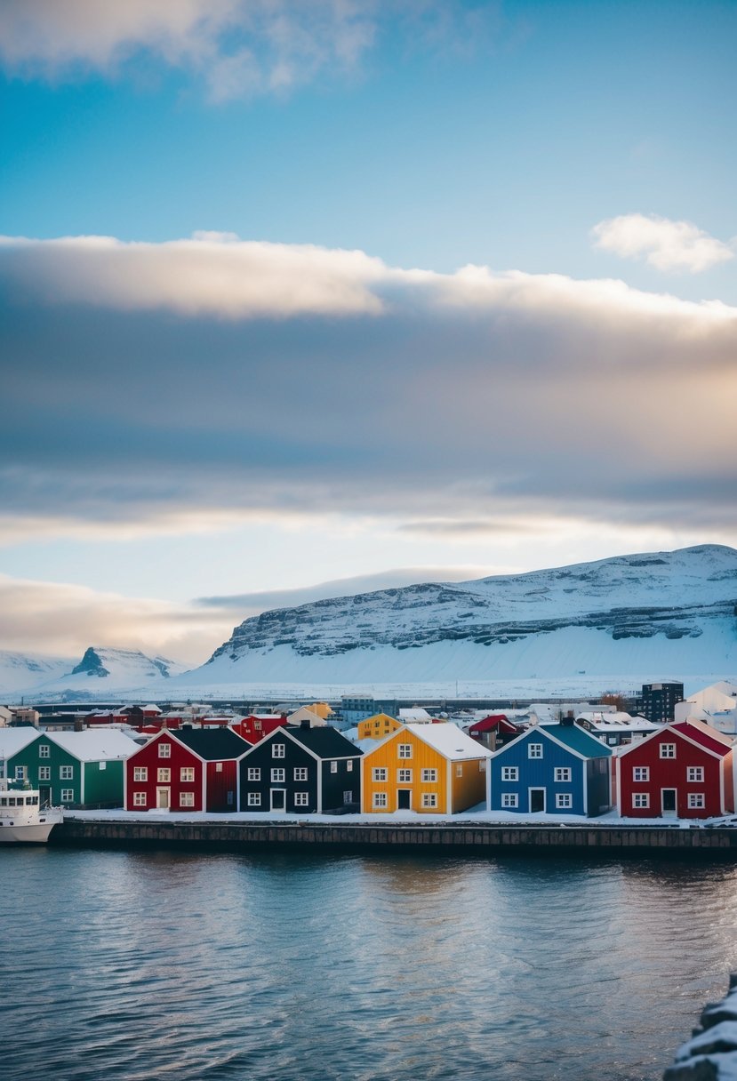 A picturesque view of Reykjavik, Iceland with colorful houses, snowy mountains, and a beautiful waterfront, making it one of the best honeymoon destinations in Europe