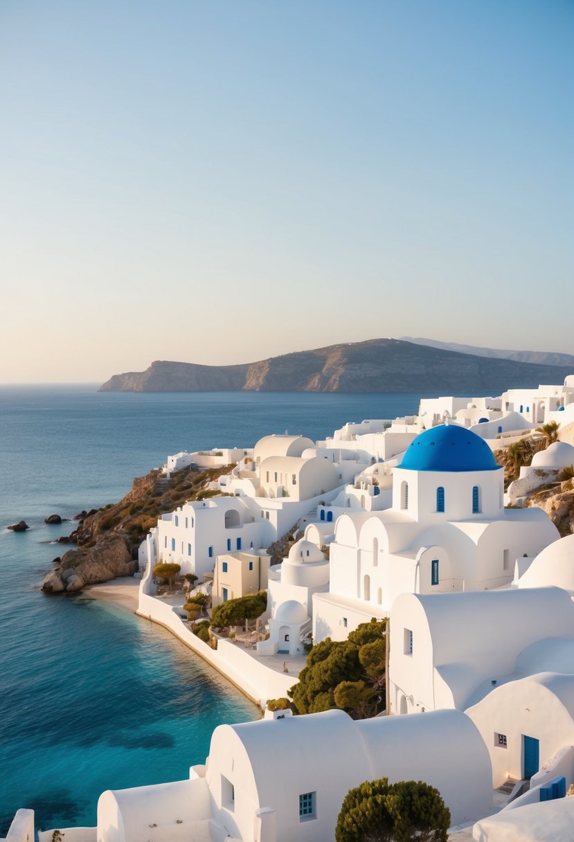 A picturesque seaside village in Mykonos, with white-washed buildings and blue-domed churches, overlooking the crystal-clear waters of the Aegean Sea