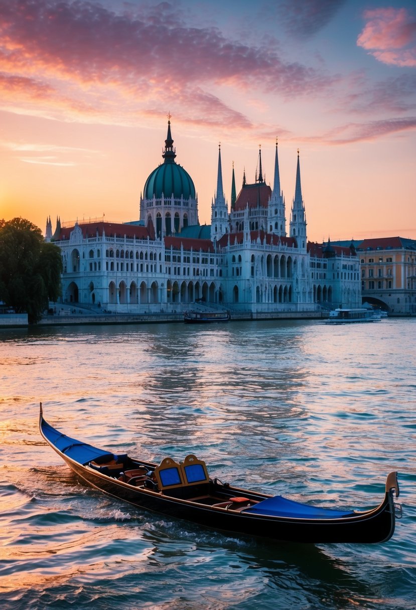 A romantic sunset over Vienna's historic architecture, with a gondola gliding along the Danube River