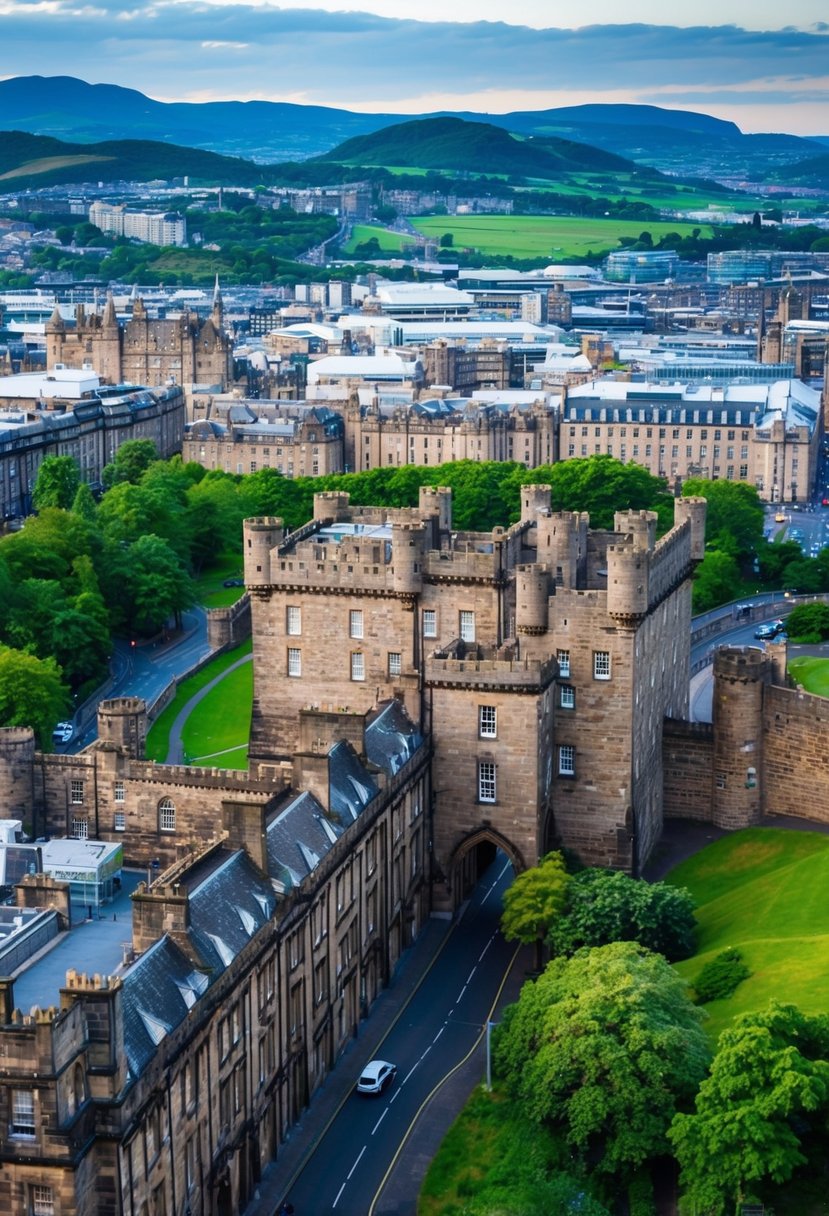 A picturesque view of Edinburgh Castle overlooking the city's historic architecture and lush green landscapes, with a backdrop of the rolling Scottish hills