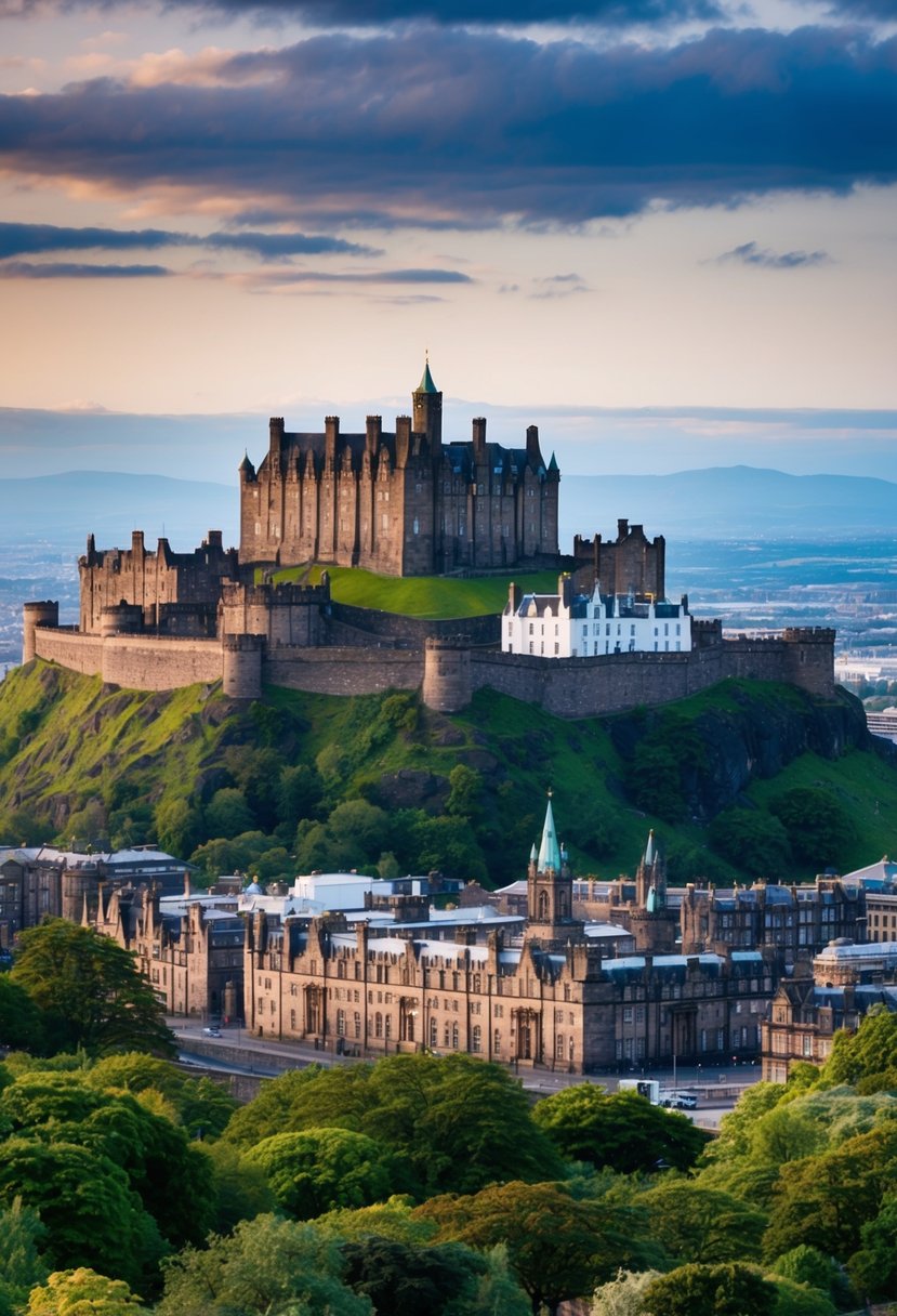 A picturesque view of Edinburgh Castle perched on a hill, surrounded by historic buildings and lush greenery