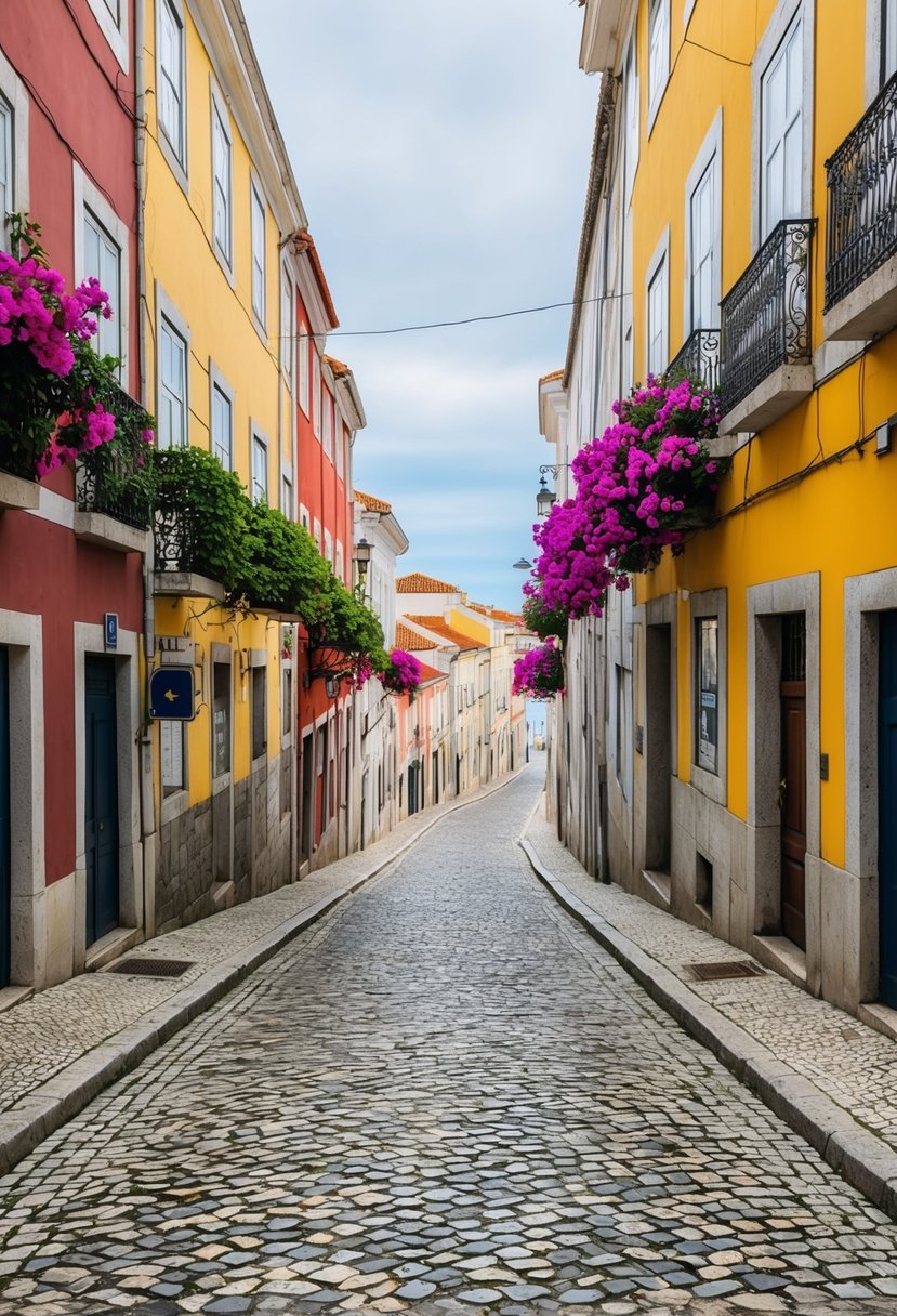 A charming cobblestone street winds through historic buildings in Lisbon, Portugal, with colorful tiled facades and blooming bougainvillea